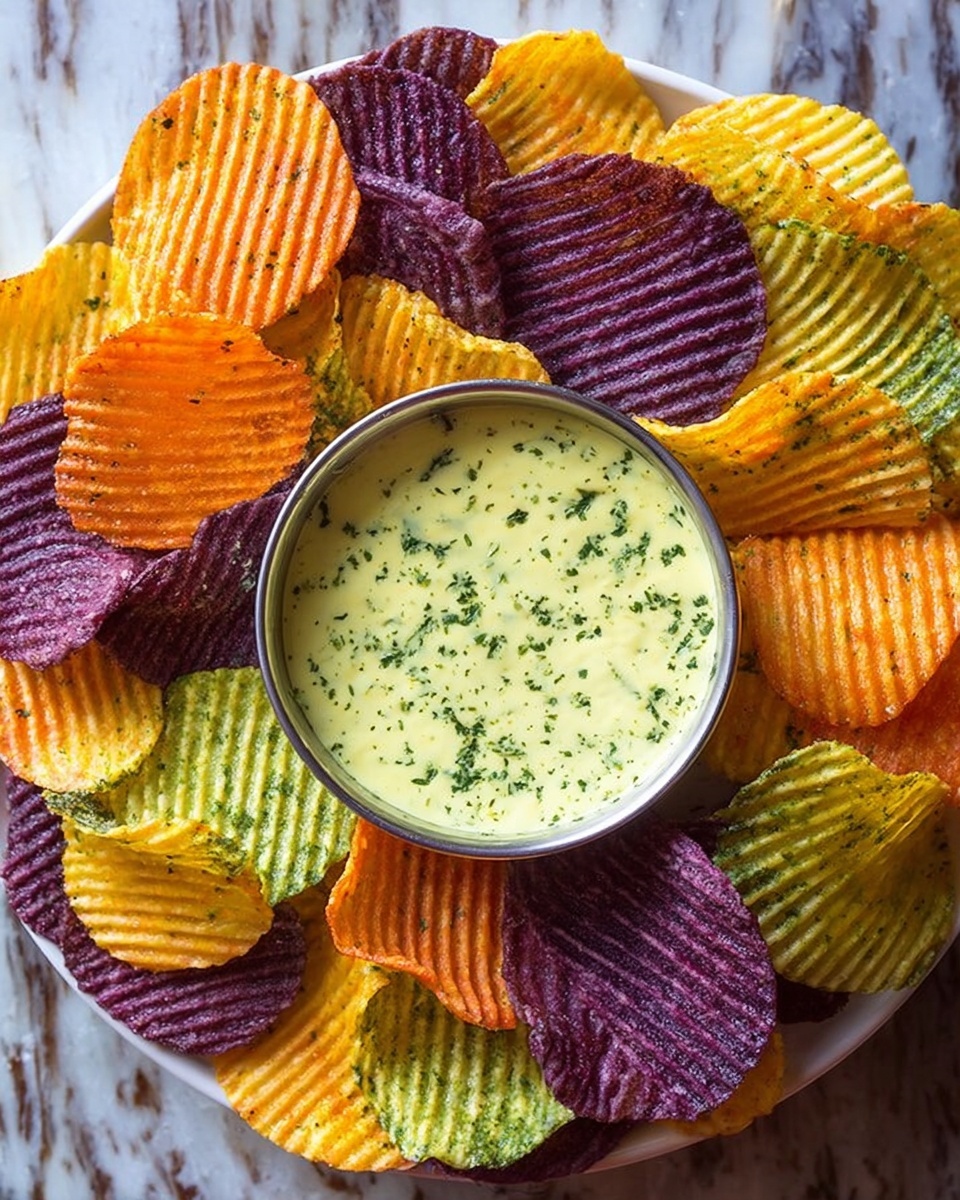 A close-up image shows a woman's hand dipping a dark purple chip into a small, round gray container filled with a thick sauce that is light yellow with green herb specks mixed throughout. Around the container, on a white marbled surface, there are many orange and purple chips that look crunchy and wavy. The sauce appears creamy with a slightly textured top layer. The photo has a soft background with green leaves that are out of focus, making the dip and chips the main focus. Photo taken with an iphone --ar 4:5 --v 7