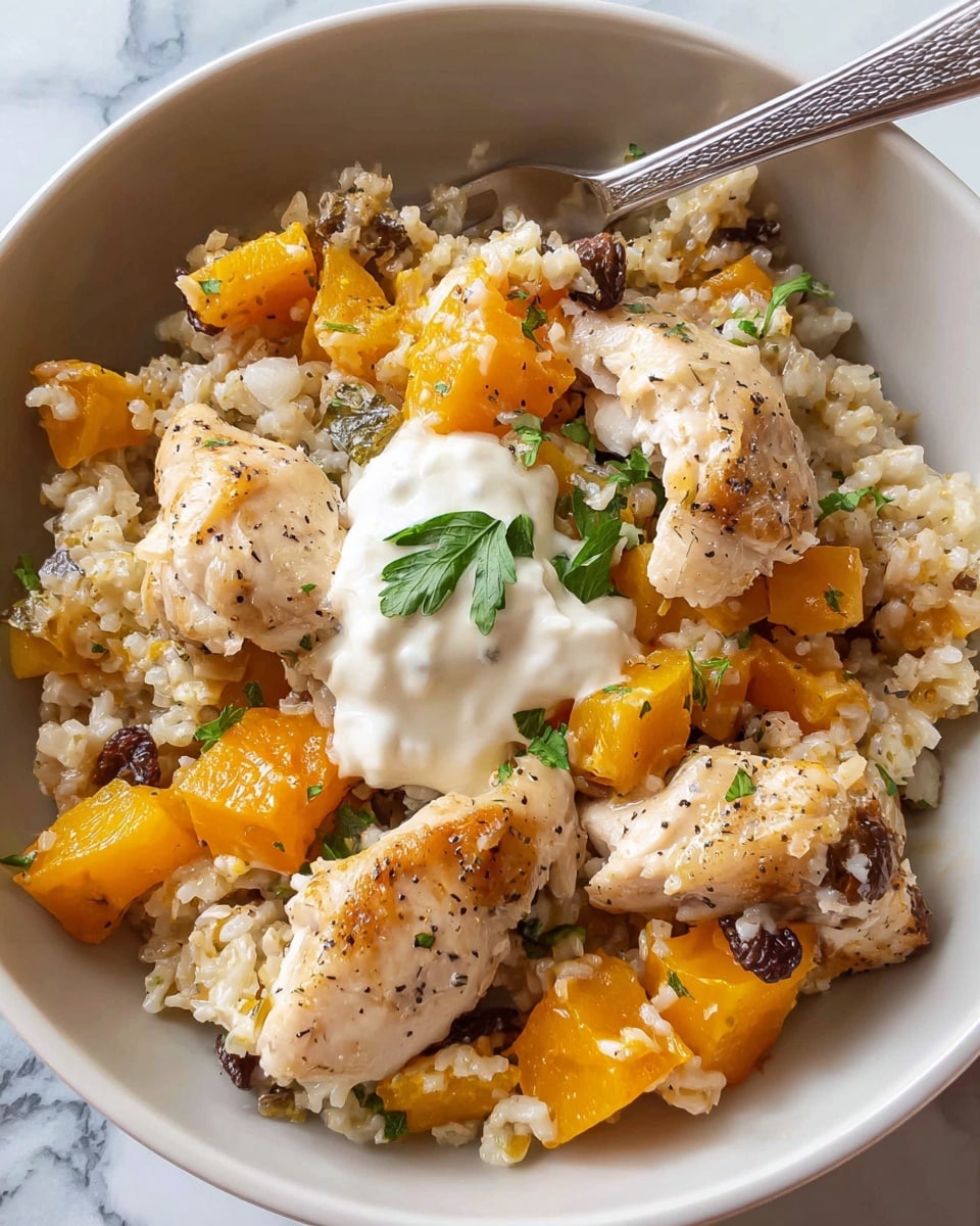 In a white bowl on a white marbled surface, there is a dish with about three layers. The bottom layer has cooked brown rice mixed with bright orange chunks of squash and dark brown raisins scattered throughout. On top of this mix, there are several pieces of light brown, seasoned cooked chicken, showing a slightly crisp texture with some pepper specks. In the center, a dollop of white creamy sauce is placed, garnished with small green parsley leaves that add a fresh touch. A silver fork rests inside the bowl. Photo taken with an iphone --ar 4:5 --v 7