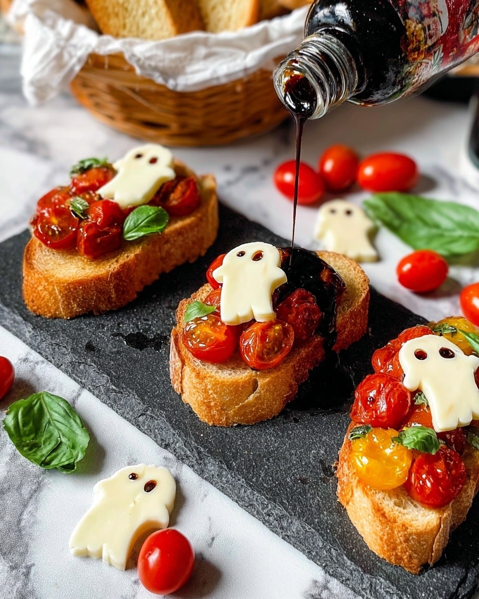 Three slices of golden toasted baguette are arranged on a dark textured board with a white marbled surface underneath. Each toast slice is layered with bright red chopped cherry tomatoes mixed with fresh green basil leaves. On top of two toasts, there are white ghost-shaped cheese slices with dark, smiling eyes and mouth details made from a dark balsamic drizzle. The third toast is having the balsamic sauce drizzled over the tomatoes by a woman's hand holding a black bottle. Surrounding the toasts are whole cherry tomatoes, green basil leaves, extra ghost-shaped cheese slices, and a black bowl with more cheese slices. In the background is a basket lined with a white napkin holding extra toasted bread pieces. Photo taken with an iphone --ar 4:5 --v 7