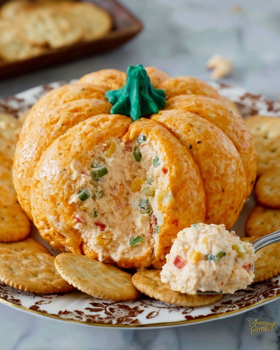 The image shows a cheese ball shaped and colored like a small pumpkin. It has a rough, bumpy orange outer layer with visible white and green bits inside, resembling herbs and small vegetable pieces. The cheese ball is divided into segments to look like a pumpkin, with a thick, bright green stem on top made from a vegetable. One segment is taken out, showing the creamy, mixed interior full of small colorful bits. The round crackers surrounding the cheese ball are golden and shiny, resting on a white plate with brown floral details, placed on a white marbled surface. Photo taken with an iphone --ar 4:5 --v 7