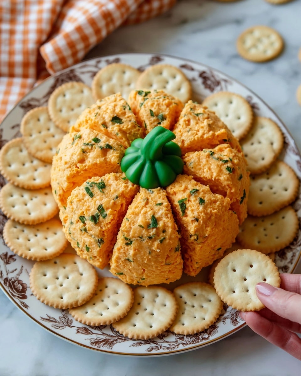 A cheeseball shaped like a pumpkin sits in the center of a white plate with a brown floral pattern, surrounded by round, golden crackers neatly placed around the edge. The pumpkin cheeseball has seven textured orange segments with some white and green flecks inside, and a small green stem on top. The plate is on a white marbled surface with an orange and white checkered cloth slightly visible in the background. Photo taken with an iphone --ar 4:5 --v 7
