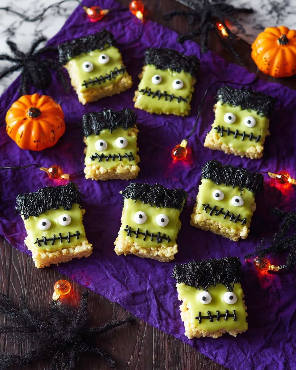 The image shows several square-shaped treats decorated like Frankenstein faces. Each treat has three layers: the base layer is a crispy rice snack covered in green icing with a bumpy texture; the middle layer is two round white candy eyes with black pupils; the top layer is black icing shaped like messy hair at the top edge and stitched mouth lines in the middle. These treats are placed on a dark wooden surface covered with a purple spiderweb cloth and some orange jack-o-lantern string lights scattered around. The overall look is playful and spooky, perfect for Halloween. photo taken with an iphone --ar 4:5 --v 7
