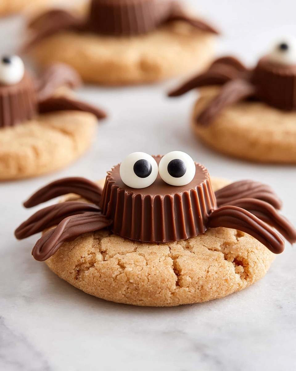 The image shows a close-up of a cookie that looks like a spider. The base layer is a round, light brown cookie with a slightly rough texture. On top in the center, there is a small, smooth, round chocolate candy acting as the spider’s body. Around the candy body, there are eight thick, wavy chocolate legs extending outward, four on each side. In front of the candy body, two white round candy eyes with black dots in the middle sit side by side, giving the spider a playful face. The cookies are placed on a white marbled surface with a soft focus background showing more spider cookies. Photo taken with an iphone --ar 4:5 --v 7