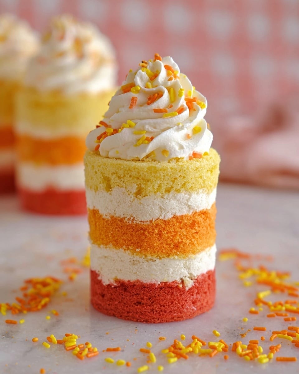 A small, four-layer mini cake sits on a white marbled surface, each layer bright and colorful. The bottom layer is yellow with a smooth texture, followed by an orange layer with white cream between them. Next, there is a red layer also separated by white cream, topped by a white layer with a fluffy look. On top of the white layer, a swirl of white cream rises, decorated with small orange and yellow sprinkles. Around the cake, more of the same orange and yellow sprinkles are scattered. Photo taken with an iphone --ar 4:5 --v 7