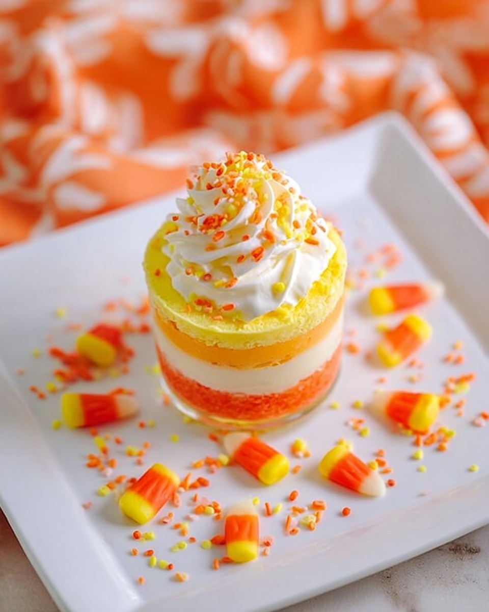 A small, colorful dessert is displayed on a white square plate placed on a white marbled surface with an orange patterned cloth nearby. The dessert has three visible layers: the bottom layer is yellow, the middle layer is orange, and the top layer is white. On top, there is a swirl of white cream with orange and yellow sprinkles scattered on it. Around the dessert, several pieces of candy corn and more orange and yellow sprinkles are spread on the plate. The overall look is bright and festive, with a focus on warm autumn colors. photo taken with an iphone --ar 4:5 --v 7