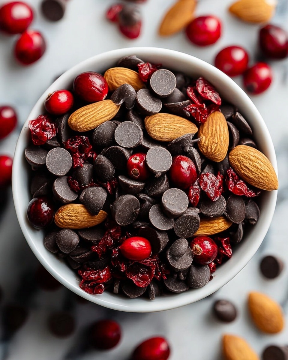 A white bowl filled with many small dark chocolate chips and fresh red cranberries mixed together. The chocolate chips are matte and shiny, with some round and some flat, and the cranberries are bright and glossy with some split open. The bowl sits on a wooden table with scattered whole almonds and more cranberries around it, showing a natural, cozy setting. Photo taken with an iphone --ar 4:5 --v 7