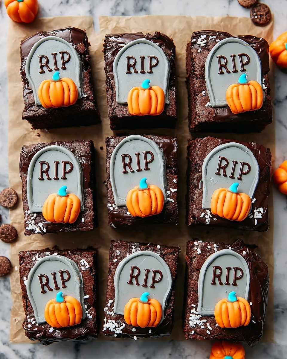There are twelve square chocolate brownies arranged in three rows of four on brown parchment paper on a white marbled surface. Each brownie has a smooth, dark chocolate base layer topped with a light gray tombstone-shaped icing piece with 
