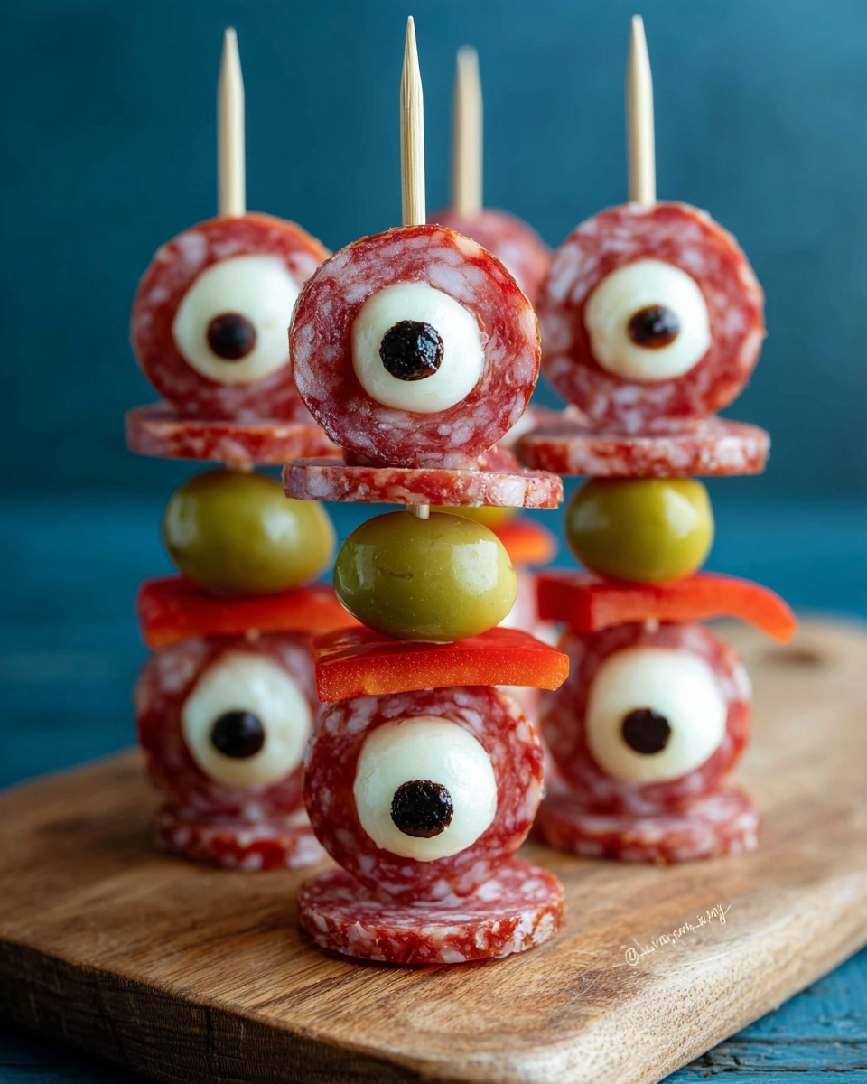 The dish shows four small snacks arranged on a wooden board over a white marbled texture. Each snack has a bottom layer of folded red slices that look like salami with uneven edges, topped by a white ball covered with chopped green herbs, resembling cheese or mozzarella. On the side of the white ball, there is a small round olive slice with a black center to look like an eye. Above the ball, more thin red slices are folded like a hat or hair, and on top, there is one whole green olive pierced by a wooden toothpick standing straight up. Around the base, red bell pepper rings lay flat on the wooden board. The background is dark, making the colors stand out clearly, photo taken with an iphone --ar 4:5 --v 7