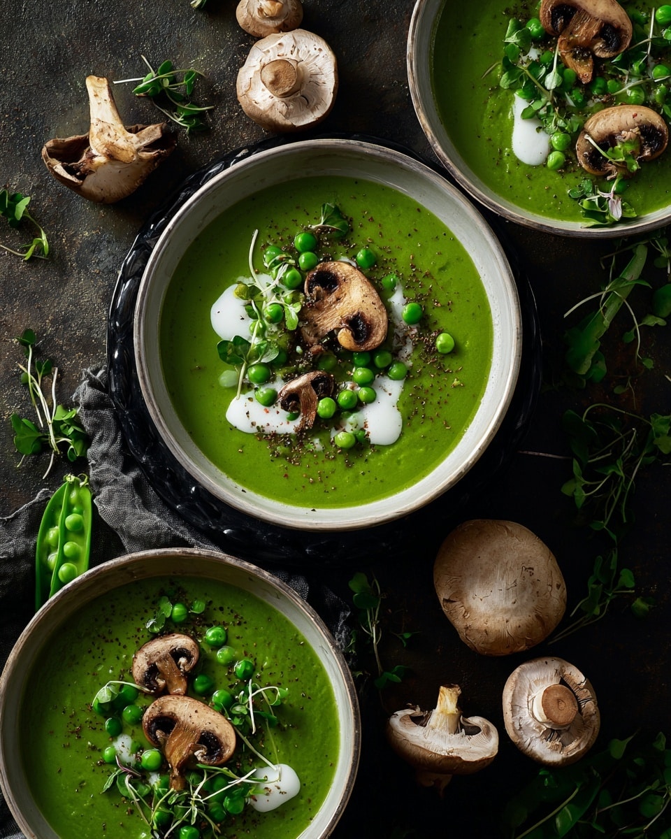 The image shows a white bowl filled with smooth green soup as the base layer, topped with a dollop of white cream slightly off-center. Two cooked mushrooms with a brown texture sit on top of the soup, one larger and rounder in the middle and the other smaller and darker to the side. Around the cream and mushrooms, there are fresh green sprouts and herbs scattered, adding a light leafy texture. The bowl rests on a white marbled surface with some loose green and red sprouts around it, and blurred second and third bowls with similar soup and toppings can be seen in the background. Photo taken with an iphone --ar 4:5 --v 7