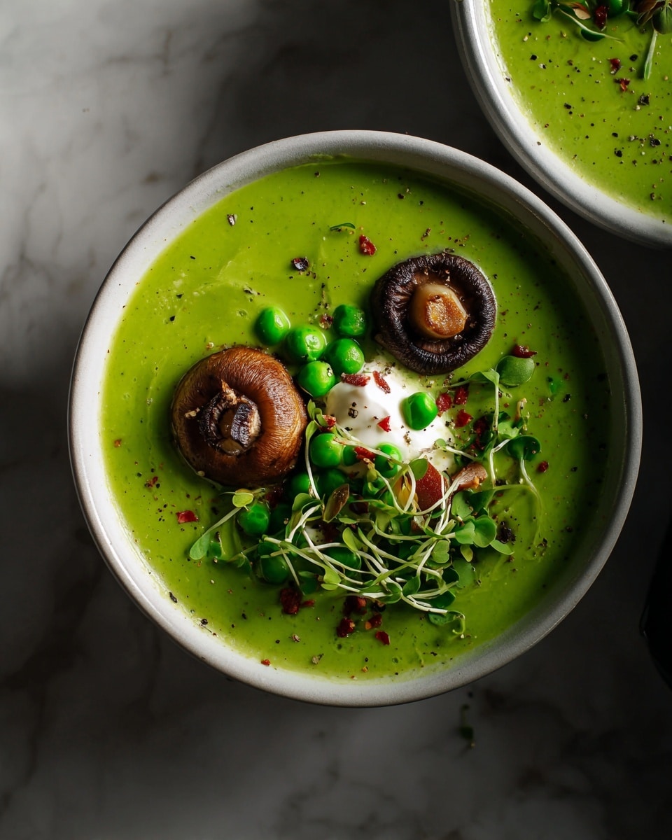 A white bowl filled with smooth green soup topped with two whole cooked mushrooms, bright green peas, a dollop of white cream, and fresh green sprouts with some red chili flakes sprinkled on top. The soup has a creamy texture with tiny black pepper specks visible on the surface. The background is a white marbled texture. Photo taken with an iphone --ar 4:5 --v 7