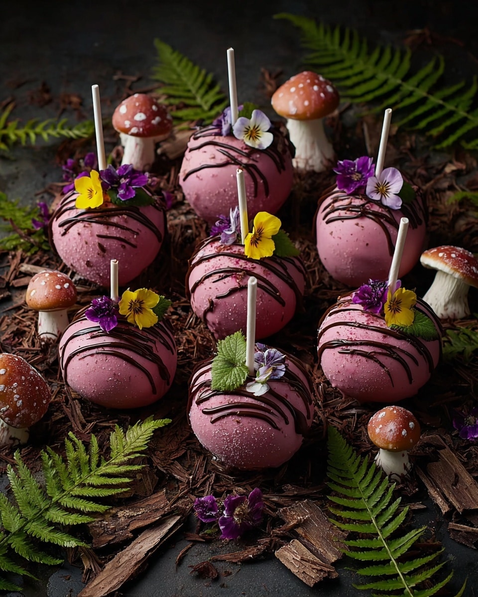 The image shows eight round white cheesecake pops on sticks, arranged on a dark surface with scattered small purple flower petals. Each cheesecake pop has a thick bottom layer of light golden-brown crust. Four cheesecake pops are coated in dark purple crushed texture all around, topped with a small purple flower and one blackberry. The other four cheesecake pops have a smooth white surface with shiny dark red sauce dripping from the top, with blackberries and small white and purple flowers placed on top. The background is dark green blurred, and the sticks are white with red paint-like spots near the bottom. photo taken with an iphone --ar 4:5 --v 7