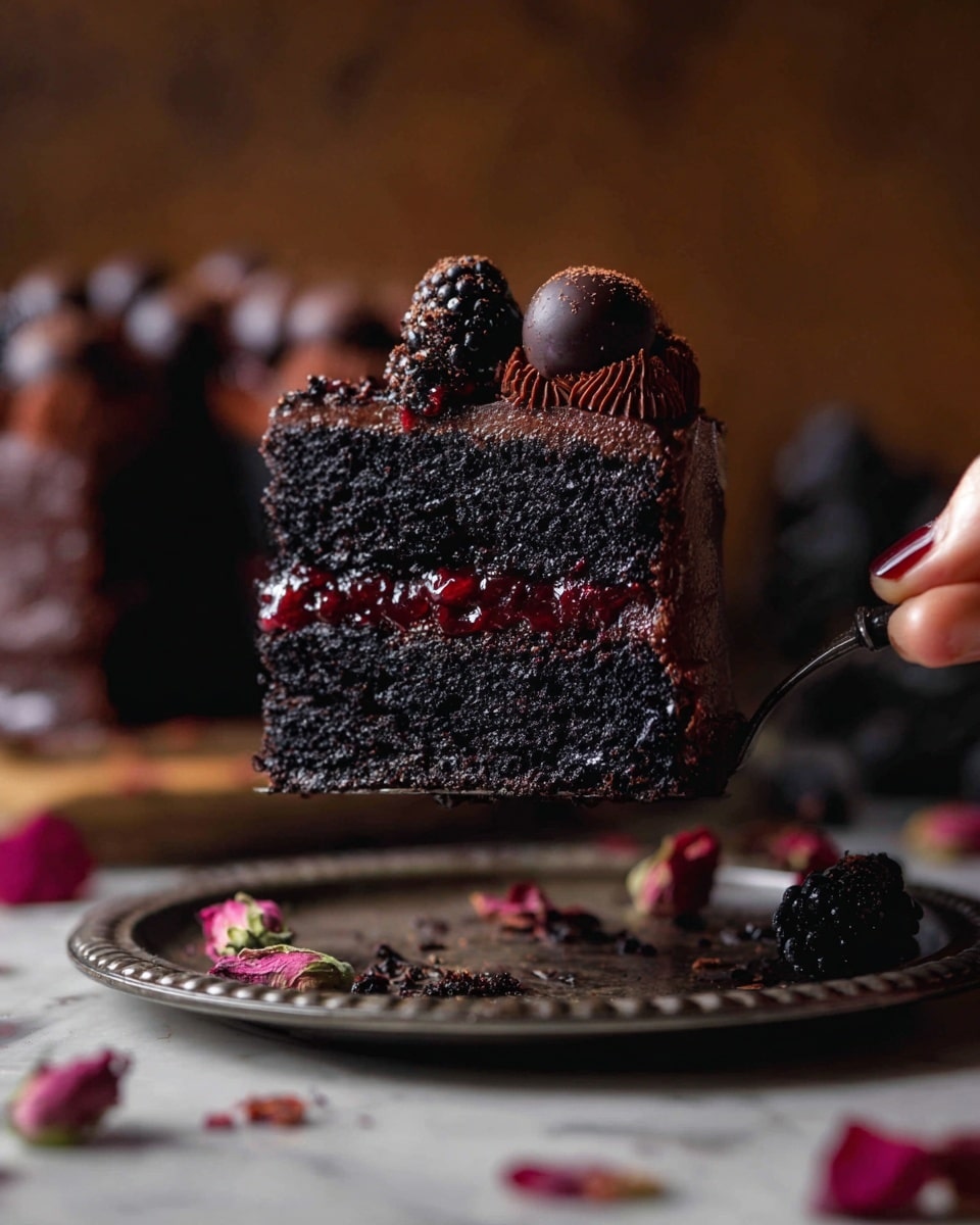 The image shows a dark black cake with two thick layers. The outer texture is rough and dense, and in the middle, there is a red jelly-like filling that looks slightly wet and shiny. On top of the cake, there are several dark chocolate skulls placed evenly, surrounded by fresh blackberries with tiny white seeds, adding a bumpy texture. The cake is on a round white marbled platter, and you can see a few blackberries and red crumbs on the wooden surface below. The background is blurred with warm brown tones, giving a cozy feeling. Photo taken with an iphone --ar 4:5 --v 7
