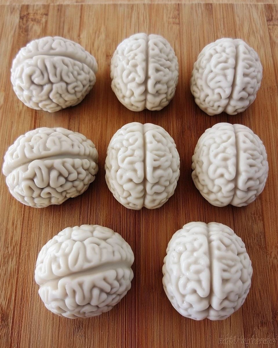 The image shows several white brain-shaped desserts placed on a bright green textured cloth, with one dessert on a white square plate in the foreground. The brain-shaped dessert is light beige with detailed, wavy grooves mimicking brain folds. The dessert on the plate is split open in the middle, revealing a dark purple-black filling inside and a bright red sauce dripping out onto the plate. The surface under the plate is a white marbled texture. Photo taken with an iphone --ar 4:5 --v 7