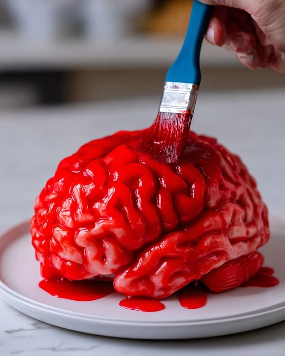 The image shows a dome-shaped cake designed to look like a brain, covered with bright red shiny icing that mimics the brain's folds and grooves. The cake sits on a white round cardboard base placed on a white cake stand with a smooth surface. The glossy red icing is thickly applied in many curved layers, creating a realistic brain texture. Some small drops of the same red glaze are scattered on the white marbled surface below the stand. The background is a kitchen setting with neutral colors and a blurred focus, making the brain cake the center of attention. photo taken with an iphone --ar 4:5 --v 7