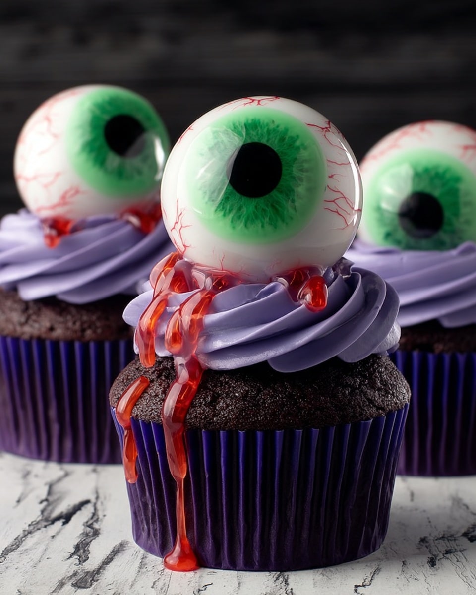 Three dark chocolate cupcakes are placed on a dark wooden surface with a white marbled texture in the background. Each cupcake is in a purple paper liner and topped with thick swirls of smooth purple frosting. On top of each cupcake sits a large, shiny, realistic eyeball candy with a clear white sclera, striking green iris, and detailed red veins around the edges. Bright red and green syrup-like liquid drips from under the eyeball onto the side of the cupcake in the front. The image shows three cupcakes from a close-up view, highlighting texture and detail, photo taken with an iphone --ar 4:5 --v 7