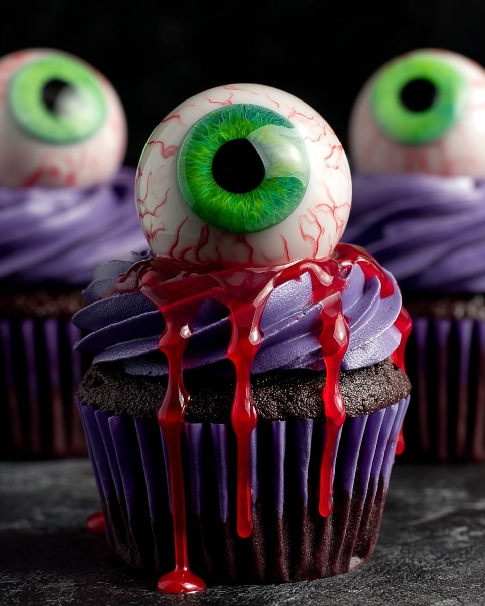 A dark chocolate cupcake in a purple wrapper topped with thick swirls of smooth purple frosting. On top of the frosting sits a large, glossy eyeball decoration with detailed green and black iris and red veins around the white sclera. Bright red and green syrup is dripping down from under the eyeball onto the cupcake edge and surface below. The cupcakes are set on a dark textured surface with a black background. photo taken with an iphone --ar 4:5 --v 7