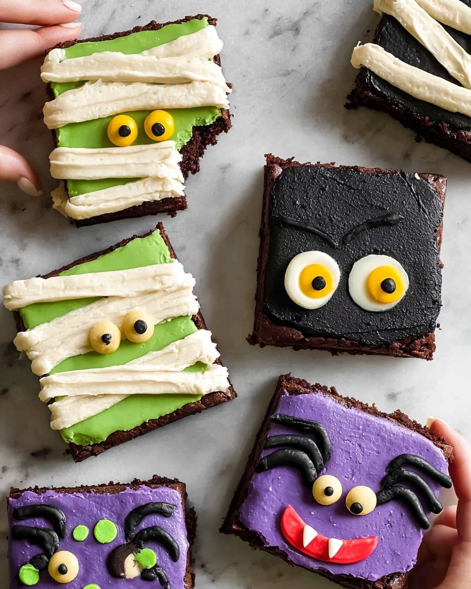 This image shows six square chocolate brownies with colorful frostings, placed on a white marbled surface. Three brownies have a green base layer topped with cream-colored frosting strips laid diagonally, resembling mummy wraps, with yellow and black eyes peeking through the strips. Another two brownies have a black base layer topped with cream-colored fondant shaped like a face with yellow and black circle eyes and a black smiling mouth with two red vampire teeth at the bottom. The last brownie has a purple base topped with green dots, a black smiling mouth, two red vampire teeth, and black licorice pieces sticking out as spider legs at the sides. There is a woman's hand holding one bitten mummy brownie on the left side and another woman's hand holding one bitten vampire brownie on the right side. photo taken with an iphone --ar 4:5 --v 7