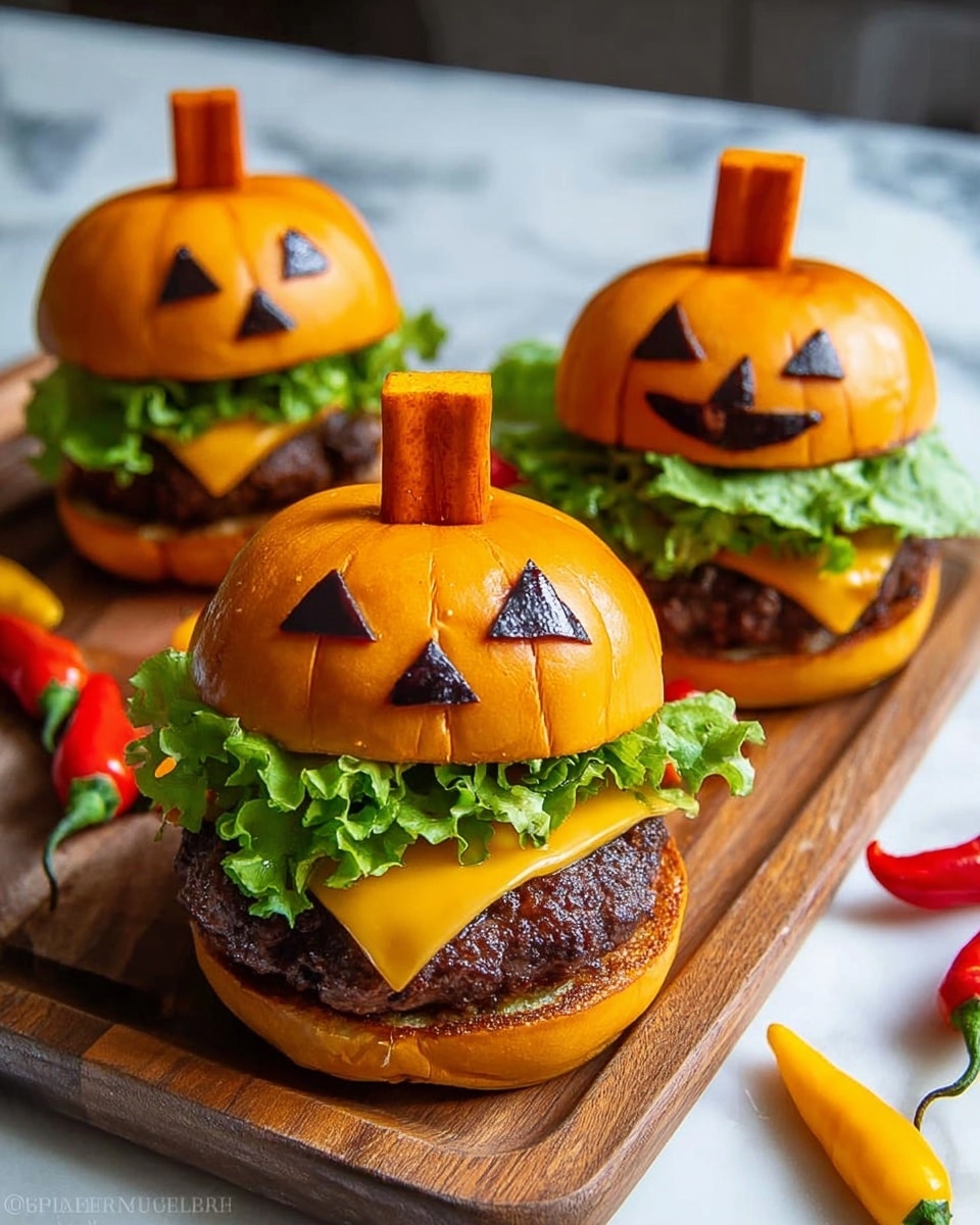 Three burgers styled like pumpkins sit on a wooden board placed on a white marbled surface. Each burger has a shiny orange bun with two dark triangle shapes for eyes and a smaller triangle for a nose, resembling a jack-o-lantern face. The top bun has a small rectangular orange stem piece sticking up. Below the bun is a layer of melted bright orange cheese draped over a thick, dark brown burger patty. Under the patty, green leafy lettuce peeks out above the bottom bun, which is also shiny orange. Around the board are small orange and red peppers adding color to the scene. Photo taken with an iphone --ar 4:5 --v 7