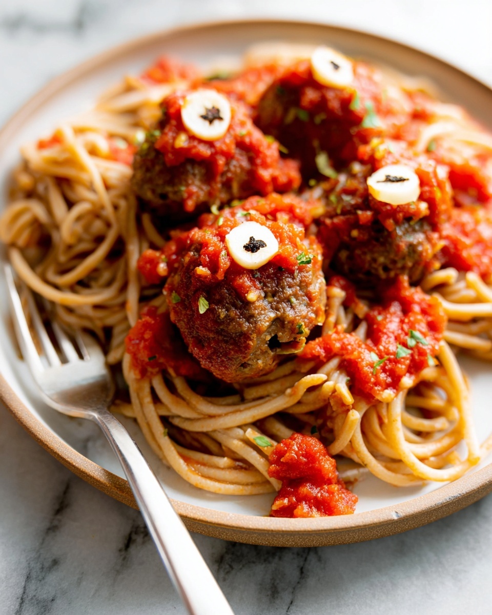 The image shows a close-up of spaghetti on a white plate, topped with three large meatballs. The spaghetti is pale yellow and twisted in small nests as the base layer. On top of each nest, there is a brown, textured meatball, each covered with a red, chunky tomato sauce. Each meatball is garnished with a thin white slice of garlic and a small dark spot in the middle. A silver fork is placed on the upper left side of the plate. The background is a white marbled texture. Photo taken with an iphone --ar 4:5 --v 7