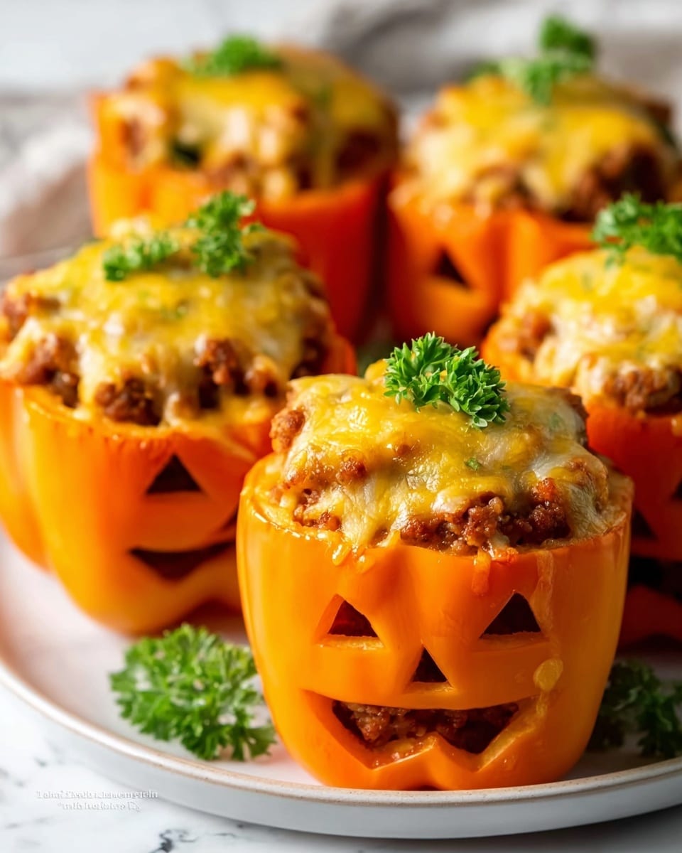 The image shows bright orange bell peppers carved with jack-o'-lantern faces arranged on a white plate. Each pepper has three visible layers: the bottom layer is the hollow orange pepper with triangular eyes and a mouth carved out; the middle layer is filled with browned ground meat mixed with small bits of vegetables, giving a slightly crumbly texture; the top layer is melted golden-yellow cheese that covers the filling and drapes slightly over the edges. Small green parsley leaves are sprinkled on top of the cheese and around the peppers for decoration. The white plate sits on a white marbled surface, and the photo is taken close-up showing the front pepper in sharp focus and others softly blurred in the background. photo taken with an iphone --ar 4:5 --v 7