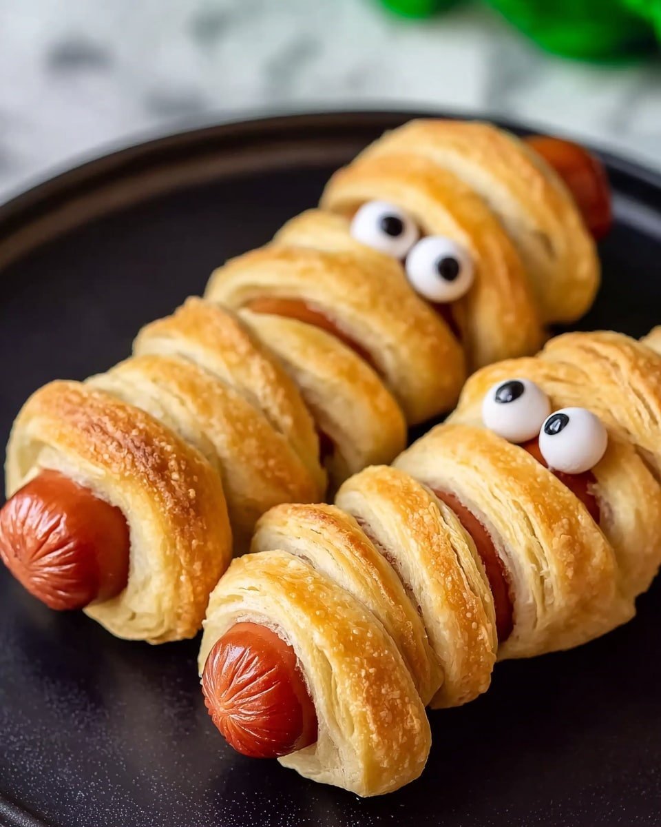The image shows two hot dogs wrapped in golden-brown puff pastry with a spiral pattern, creating a mummy-like appearance. Each hot dog has two small white candy eyes with black centers placed near one end to look like a face. The hot dogs and pastry are placed on a black plate, which sits on a white marbled surface with some green blurred background. The puff pastry looks flaky and crisp, tightly hugging the smooth, reddish-brown hot dogs. Photo taken with an iphone --ar 4:5 --v 7