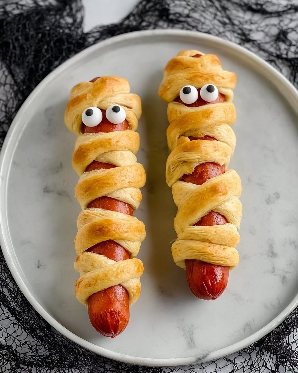 Two hot dogs wrapped in golden-baked dough strips that look like bandages, each with two small white candy eyes with black dots positioned near the top, giving them a mummy-like appearance. The dough is wrapped unevenly around the reddish-brown sausages in spiral layers, covering most of the hot dogs but leaving some sausage visible. They are placed side by side on a round white plate with a smooth surface, set on a white marbled texture background with a netted cloth partially visible around the plate. photo taken with an iphone --ar 4:5 --v 7