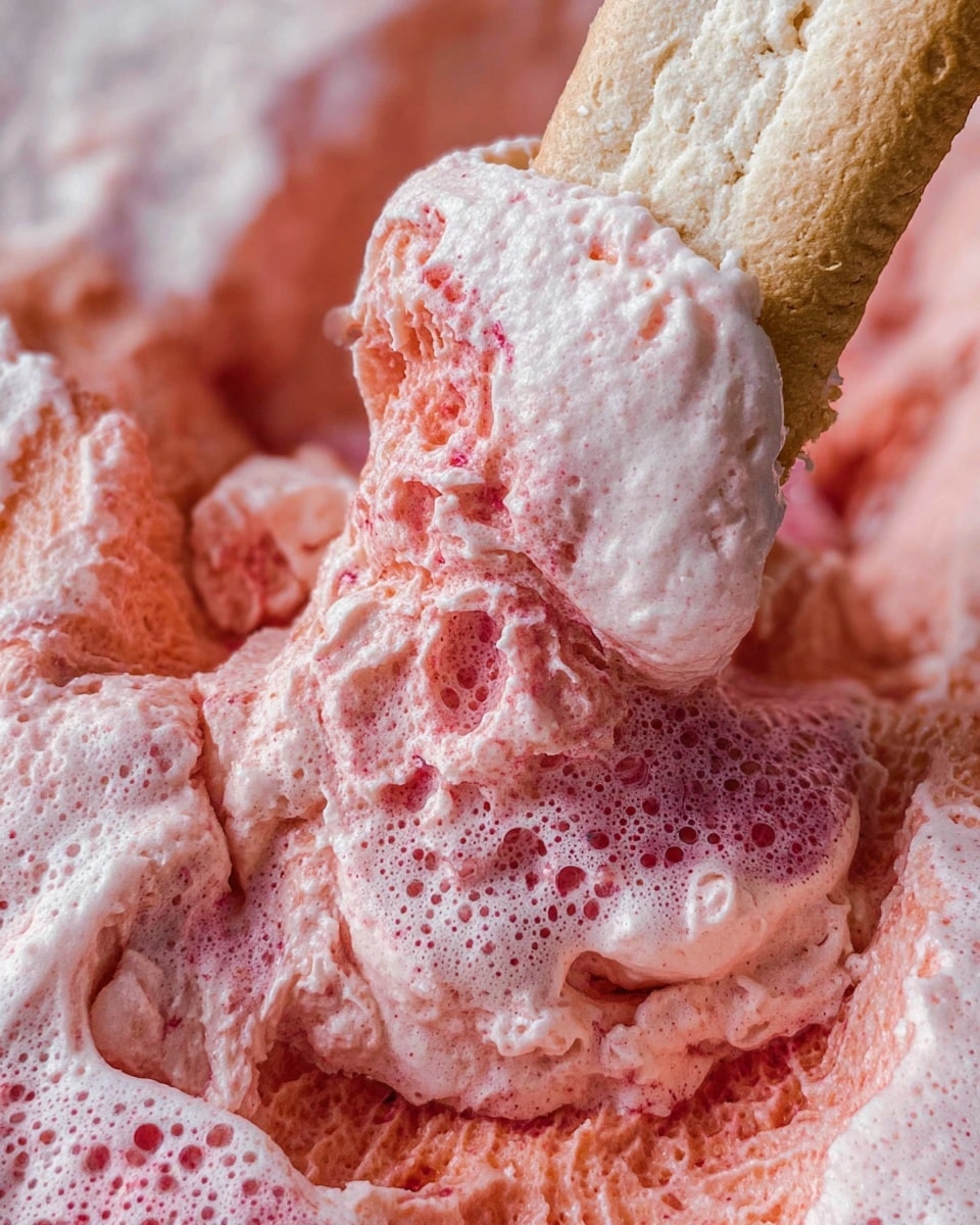 A close-up image of a dessert showing a light beige biscuit stick being dipped into a fluffy, foamy pink and reddish mousse. The mousse has a thick, airy texture with a mix of two main colors: soft pink layers on top and reddish layers underneath, with the pink foam forming bubbly clusters around the edges. The mousse appears soft and creamy, with some parts showing a slightly denser reddish base. The image focuses tightly on the mousse and biscuit interaction, with the background changed to a white marbled texture. Photo taken with an iphone --ar 4:5 --v 7