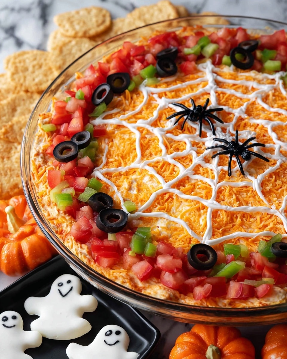 A clear round white bowl filled with a layered dip that has a bright orange shredded cheese layer as the top. On top of the cheese, a white sour cream spider web pattern is spread evenly from the center to the edges. The edge of the bowl is decorated with a ring of chopped green bell peppers, diced red tomatoes, and sliced black olives. Three black plastic spider decorations are placed on the surface of the dip. The bowl sits on a white marbled surface with small bowls of chopped green peppers and red tomatoes around it. Photo taken with an iphone --ar 4:5 --v 7