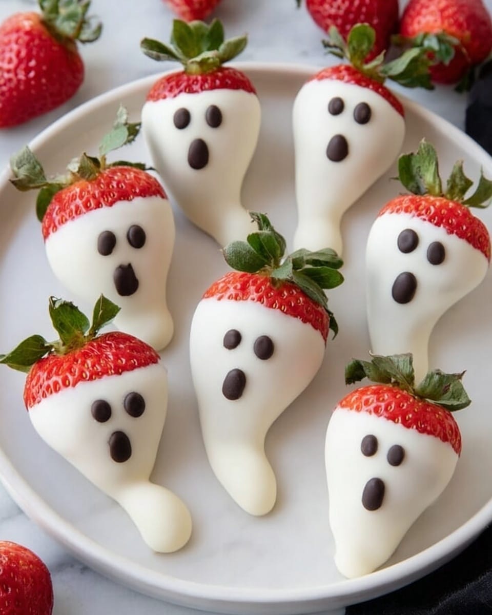The image shows six strawberries dipped in white chocolate placed on a round white plate, arranged closely together. Each strawberry is fully covered in smooth white chocolate except for the bright red top with green leaves showing. Small dark chocolate dots form two eyes and an open round mouth on each strawberry, giving them a ghost-like face. The white chocolate pools a little at the base of each strawberry, creating a small tail shape that curves slightly. Around the plate are several fresh red strawberries with green tops, all set on a white marbled textured surface. Photo taken with an iphone --ar 4:5 --v 7