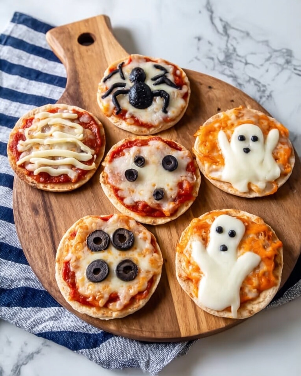 Six small pizzas are shown, five on a round wooden board and one on a white plate. Each pizza uses a flat bread base with red tomato sauce as the first layer. The pizzas have different cheese designs as the second layer: a ghost shape with black olive eyes and mouth on the white plate; a solid white cheese layer with cut-out eyes and mouth like a ghost with black olive eyes on the board; a spider shape made of black olives and melted cheese; a cheese web with black olives on one corner; a face with three black olive eyes and white cheese on top; and orange cheese with cut-out shapes on one pizza. The scene is set on a white marbled surface with a white and blue striped cloth underneath the board. Photo taken with an iphone --ar 4:5 --v 7