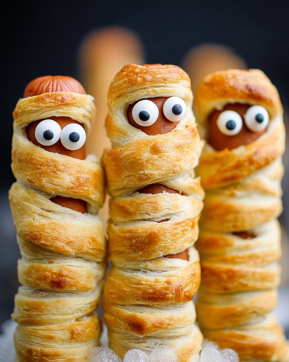 The image shows five hot dogs wrapped in golden brown dough on a white square plate, each designed to look like mummies with white candy eyes placed near the top where the sausage is visible. The dough is wrapped in uneven layers, creating a textured and slightly crispy appearance. The sausages peek out from the ends of the dough wrapping. The plate is on a white marbled surface with some orange, yellow, and white candy corn scattered around. Nearby, there are small white bowls with more candy eyes, and small metal bowls filled with yellow mustard and red ketchup. Photo taken with an iphone --ar 4:5 --v 7