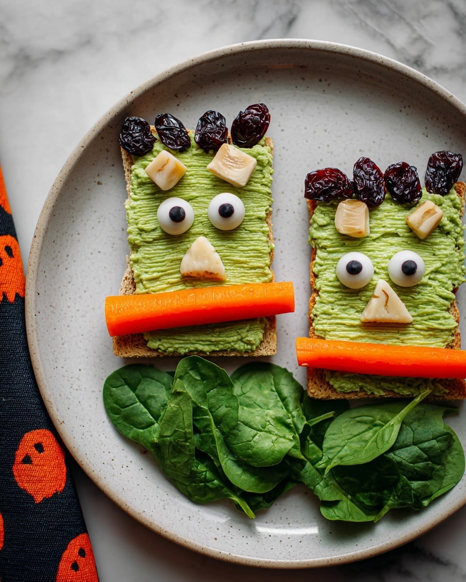 Two small rectangular toast pieces with a thick green spread textured with fork marks cover most of the surface, each decorated like a monster face. On top of the green spread is a row of dark raisins forming hair at the top edge, with chunks of light beige nuts and raisins used for eyes and mouth to create playful faces. Below each