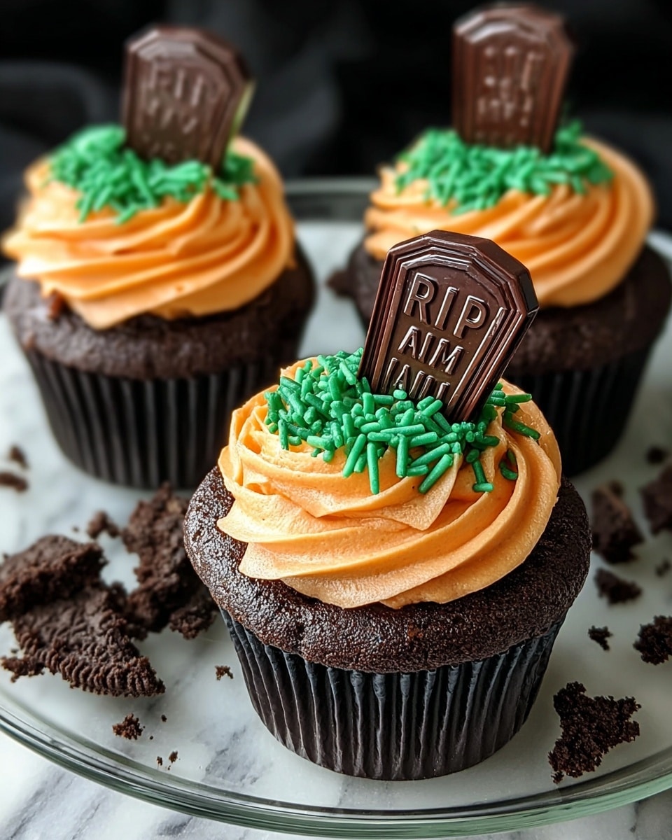 Three chocolate cupcakes sit on a clear glass plate on a white marbled surface. Each cupcake has a dark chocolate base with smooth ridges in the black paper liners. On top is a swirl of orange frosting, creating a soft, creamy texture around the edge. In the center of the frosting, there is a patch of green sprinkles shaped like grass. Sticking out from the middle of each cupcake is a small, dark chocolate tombstone decoration with inscriptions like