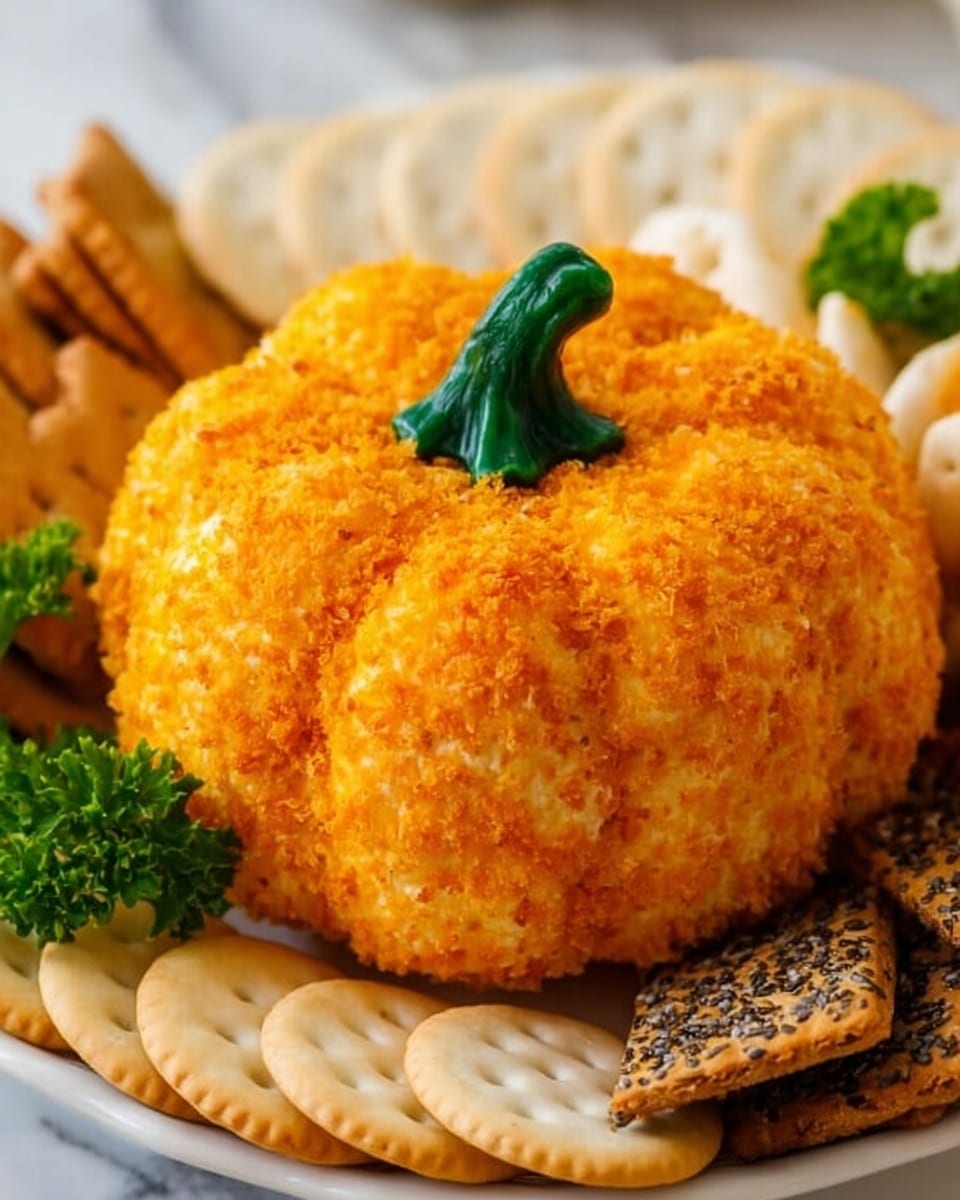 The image shows an orange pumpkin-shaped cheese ball with a crumbly textured outer layer, topped with a green curved stem made from a pepper piece. The cheese ball is being sliced by a woman's hand holding a knife, revealing a creamy, slightly speckled orange filling inside. The cheese ball sits on a white marbled surface and is surrounded by rectangular, beige crackers with black seeds and some green parsley leaves as garnish. Photo taken with an iphone --ar 4:5 --v 7