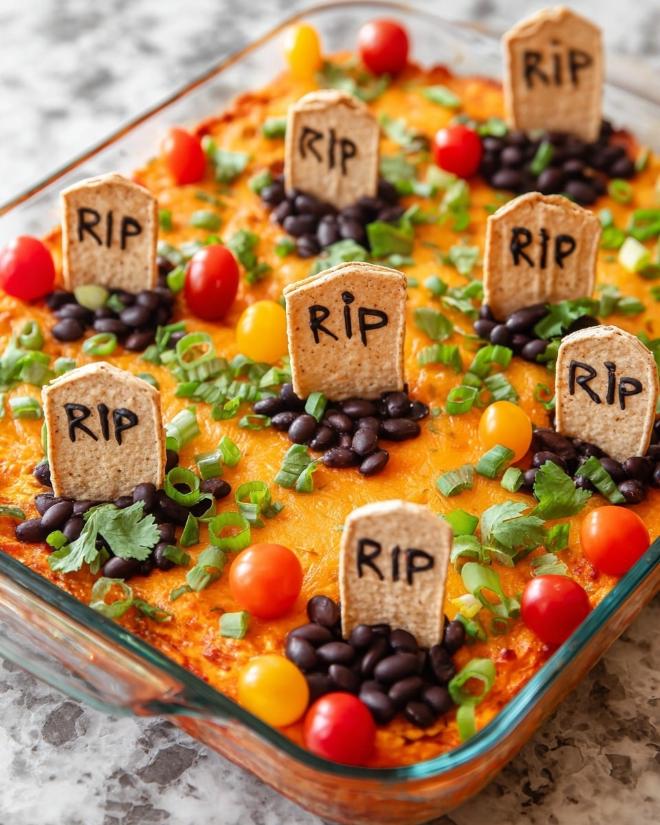 This image shows a baked dish in a clear glass pan with a white marbled surface underneath. The bottom layer is an orange baked mixture, likely cheese or a sauce, covering the whole base. On top, there are clusters of black beans and scattered chopped green onions and cilantro. Cherry tomatoes in red, yellow, and orange colors are placed on the dish. Small pieces of pita or flatbread stand upright in the dish, each with white icing spelling