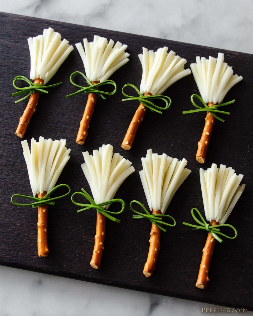 The image shows small broom-shaped snacks arranged on a black surface, each made with a light cream-colored cheese sliced into thin strips to form the broom bristles. Each broom has a straight, brown pretzel stick for the handle, inserted at the thick end of the cheese strips. The cheese strips are tied together near the pretzel by a thin green chive, holding the broom shape firmly. The brooms are neatly lined up in rows, with the cheese bristles fanning slightly at the end away from the pretzel handle. The surface beneath them has a subtle shine, highlighting the clean shapes and textures of the cheese and pretzel sticks photo taken with an iphone --ar 4:5 --v 7