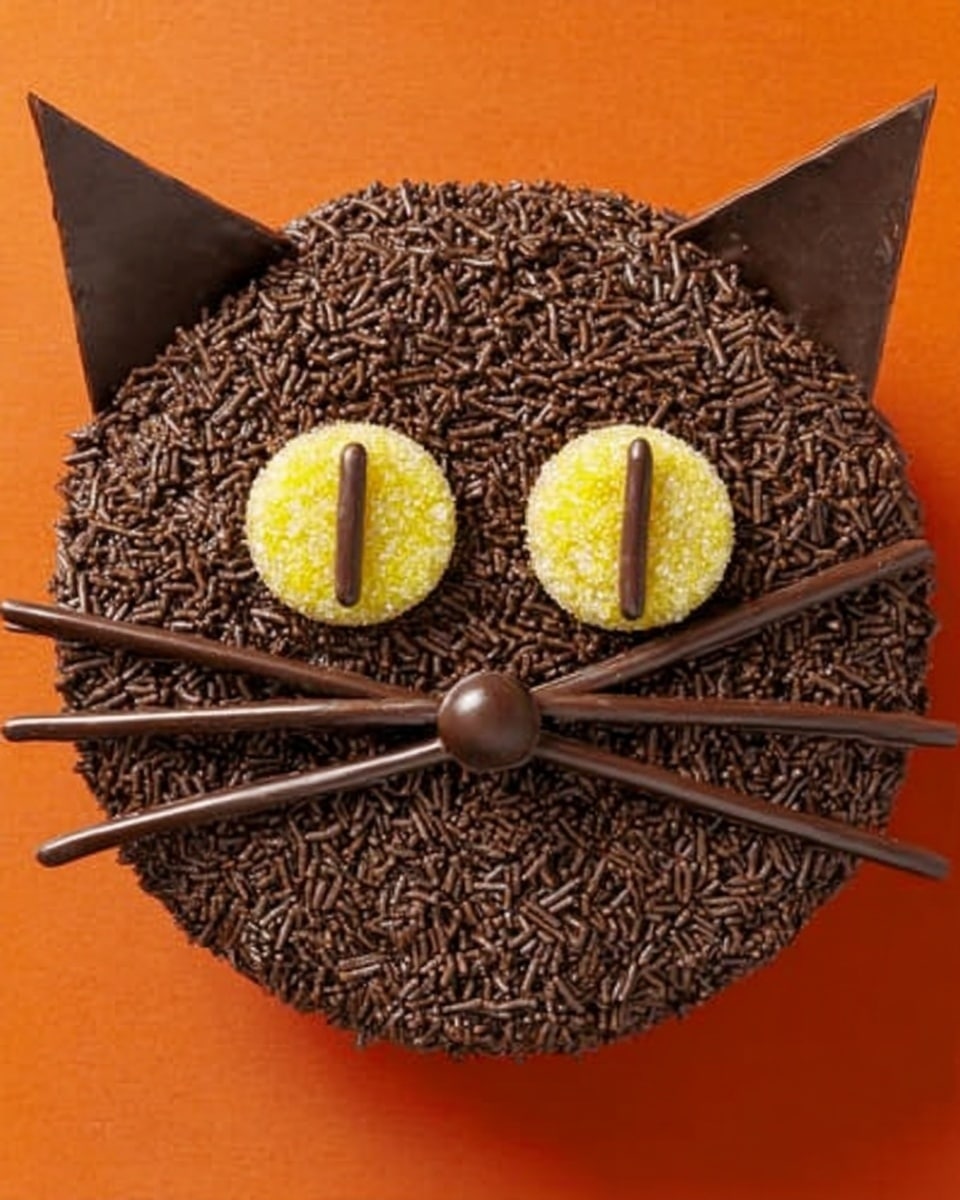 A round chocolate cake covered completely with dark chocolate sprinkles forms the base. Two triangular dark chocolate pieces are placed at the top as ears. Two yellow jelly pieces with a sugary texture form the eyes, each with a small vertical dark chocolate stick as the pupil. Three long thin dark chocolate sticks are arranged on each side of the face to make whiskers, meeting at a round chocolate piece in the center for the nose. The whole cake rests on an orange surface. Photo taken with an iphone --ar 4:5 --v 7