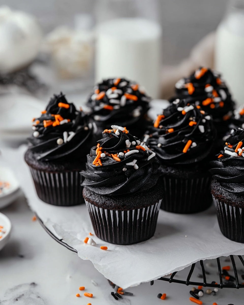 The image shows a group of eight black cupcakes on white parchment paper placed on a round wire rack over a white marbled surface. Each cupcake has a single layer of dark chocolate cake and a thick, tall swirl of black frosting on top. The frosting is decorated with small orange, white, and black sprinkles in different shapes, including small rods and round balls. Some sprinkles are scattered around the cupcakes on the white marbled surface, adding a festive touch. The background includes blurred glasses and bowls containing white ingredients. photo taken with an iphone --ar 4:5 --v 7