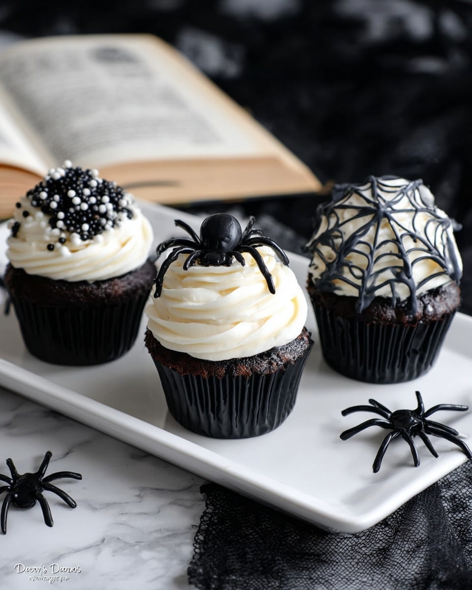 Three chocolate cupcakes with black paper liners sit on a long white plate on a white marbled surface. Each cupcake has a thick swirl of white frosting on top. The left and right cupcakes are decorated with small shiny black beads and a small black spider on top, with white string-like frosting draped around. The middle cupcake has a layer of black icing beneath the white frosting and is topped with white spider web-like frosting and a small black spider. More black plastic spiders are scattered around the plate. A blurred open book is in the background, and a black textured cloth covers the surface behind the plate. Photo taken with an iphone --ar 4:5 --v 7