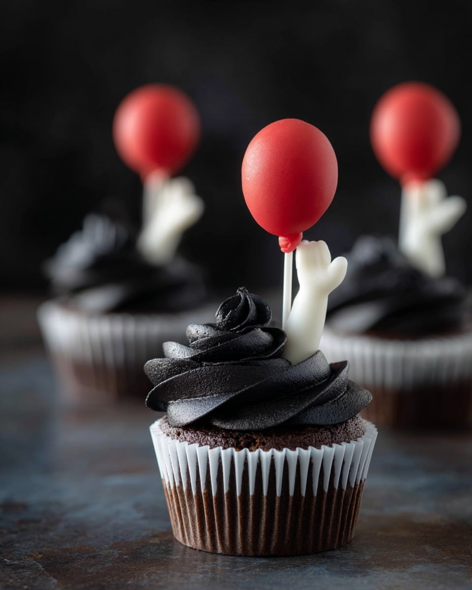 A row of chocolate cupcakes in white paper liners with black swirled frosting on top, each decorated with two white arms shaped like them reaching upwards from the frosting, holding a thin white stick that supports a bright red balloon at the top; the cupcakes are placed on a flat brown surface with a dark blurred background. Photo taken with an iphone --ar 4:5 --v 7