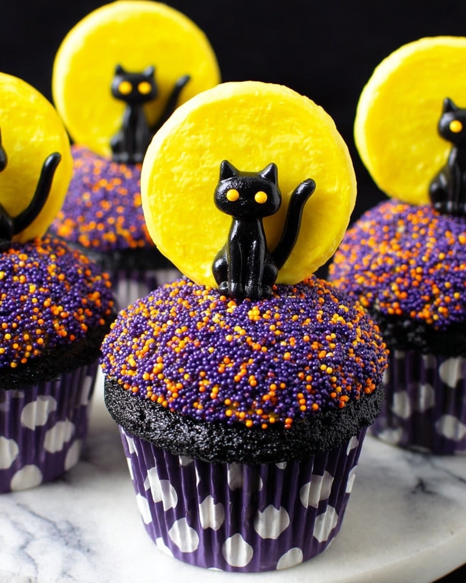 The image shows cupcakes in white polka dot wrappers on a white marbled surface. Each cupcake has two main topping layers: the base layer is thick black frosting covered with purple and orange sugar sprinkles giving a rough texture, and the top layer features a bright yellow circular disk resembling a full moon. In front of the yellow disk on each cupcake, there is a small black cat figurine with yellow eyes, standing with its tail raised. The cupcakes are closely grouped together, and the overall look is festive and spooky with clear focus on the colorful decorations. Photo taken with an iphone --ar 4:5 --v 7