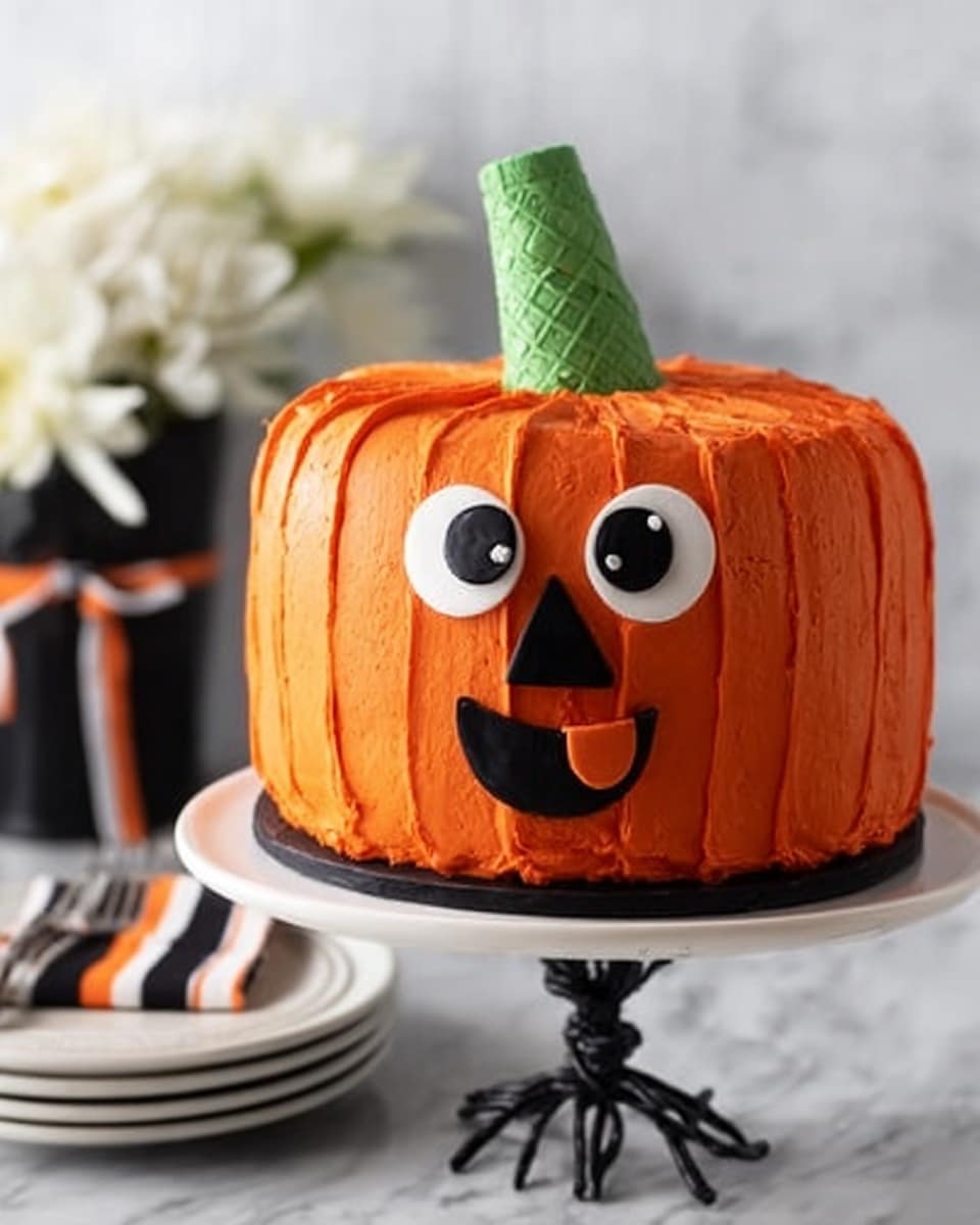 The image shows a round cake decorated like a pumpkin, covered with smooth bright orange frosting shaped with vertical ridges to look like pumpkin segments. Sitting on top is a green ice cream cone turned upside down to look like a pumpkin stem. The pumpkin face is made of black and white pieces creating large eyes with googly pupils, a triangle nose, and a smiling mouth with a tongue sticking out. The cake sits on a white cake stand with a black twisted stem. The background features a white marbled surface and out-of-focus plates and a vase with white flowers and a black and orange striped ribbon. Photo taken with an iphone --ar 4:5 --v 7