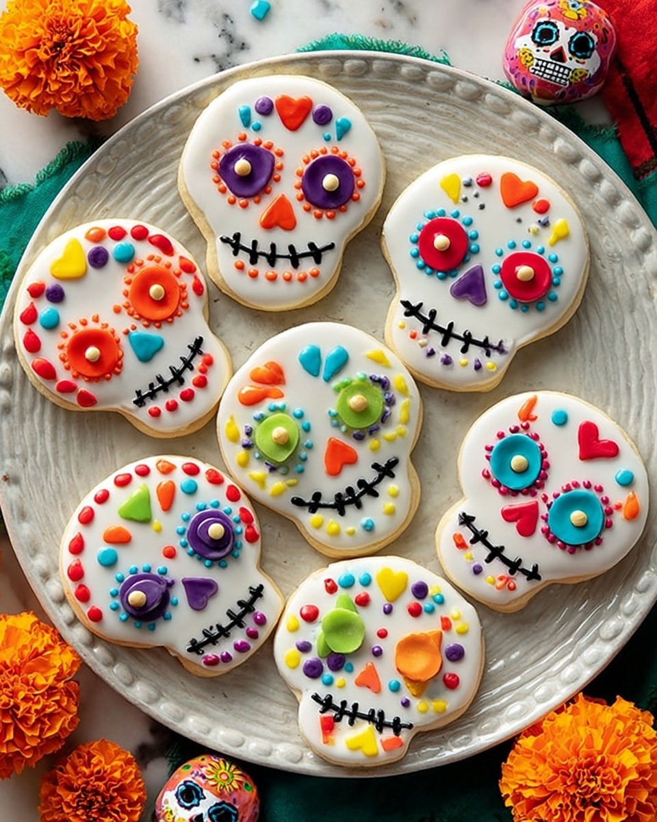 The image shows six sugar skull-shaped cookies on a white plate with a textured rim, placed on a white marbled surface with colorful decorations around like orange marigold flowers and skull painted stones. Each cookie has a smooth white icing base and is decorated with bright small candy pieces: flowers, dots, hearts, and teardrop shapes in red, green, blue, yellow, orange, and purple. The eyes are made from round candy swirls or heart-shaped candies with different colors. Each skull has a black icing mouth with a smiling shape outlined in a stitch style. Some skulls have candy dots forming borders around the edges in red and orange tones, while others have colorful patterns above the eyes. The overall look is festive and bright, perfect for a celebration. photo taken with an iphone --ar 4:5 --v 7