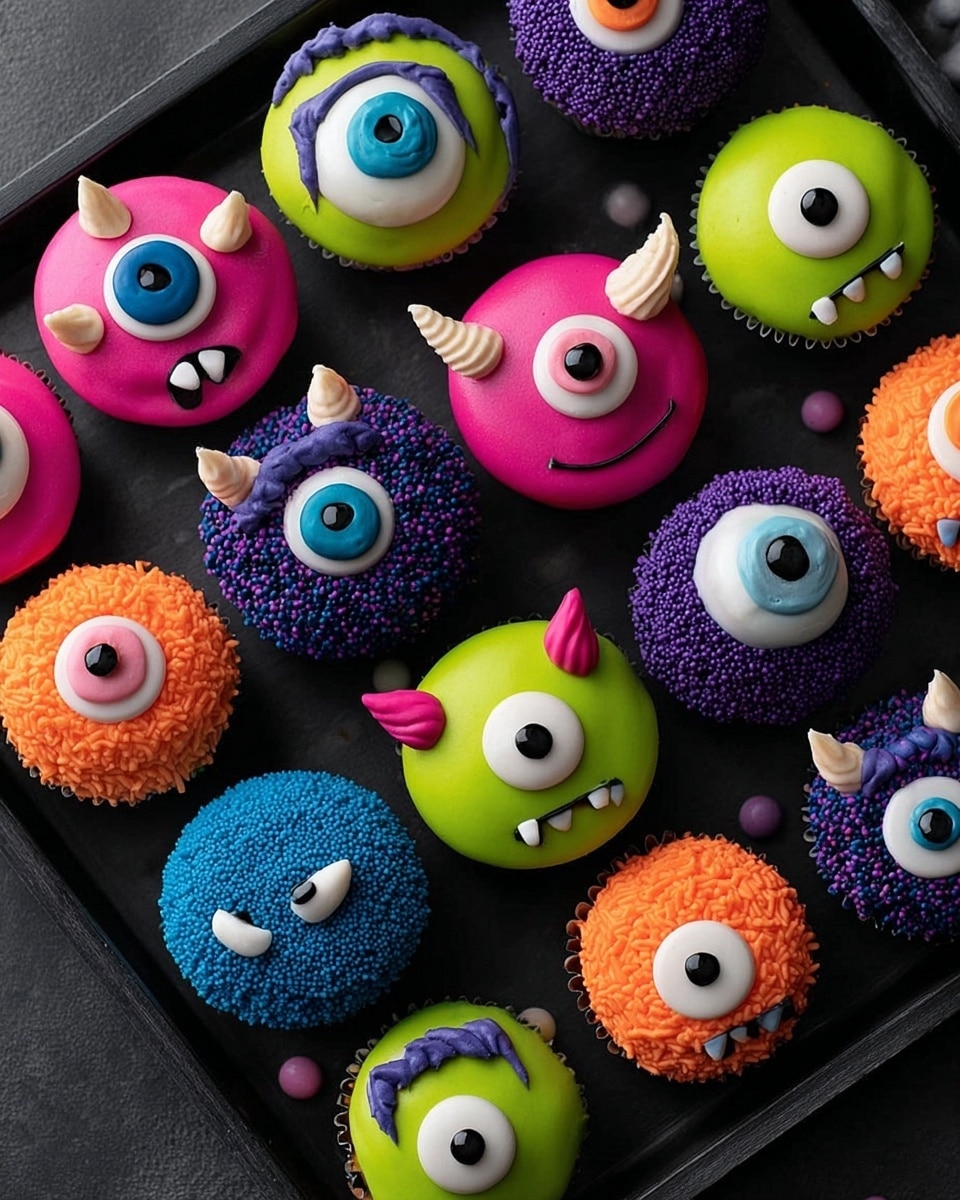 The image shows a black rectangular tray with ten colorful round monster-themed cupcakes arranged in a grid-like pattern. Each cupcake has a smooth base layer of icing in bright colors like pink, purple, blue, green, and orange. The monsters' faces are made with large single eyes on the center front, using different colors for the iris and pupil, and some have extra small eyes or eyebrows made of small icing decorations. Around some cupcakes, there are sprinkles matching the icing color, creating a textured border. Each monster has small pointed ears or horns made from icing or candy, matching their main icing color. The tray is placed on a dark surface, contrasting with the vivid cupcakes. Photo taken with an iphone --ar 4:5 --v 7