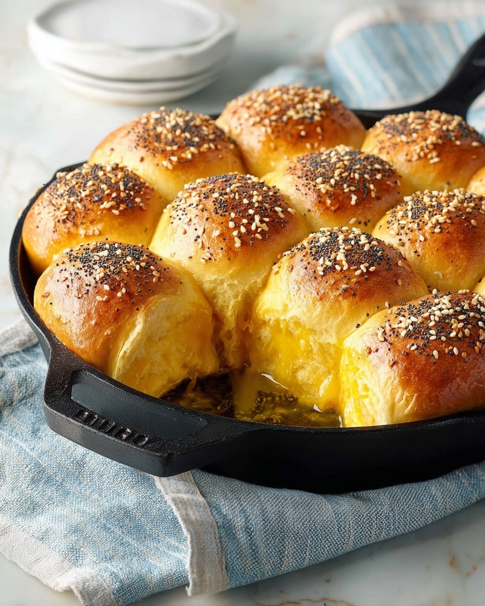 The image shows a black cast iron pan filled with twelve golden brown dinner rolls arranged tightly in a 3 by 4 cluster. Each roll is topped with either white sesame seeds or black poppy seeds, adding texture and contrast. One roll near the front is pulled slightly away, revealing a soft, fluffy yellow inside with melted butter slowly spreading out. The pan rests on a light blue and white striped cloth, placed on a white marbled surface. The setting is bright and warm, showing the fresh, inviting quality of the bread photo taken with an iphone --ar 4:5 --v 7