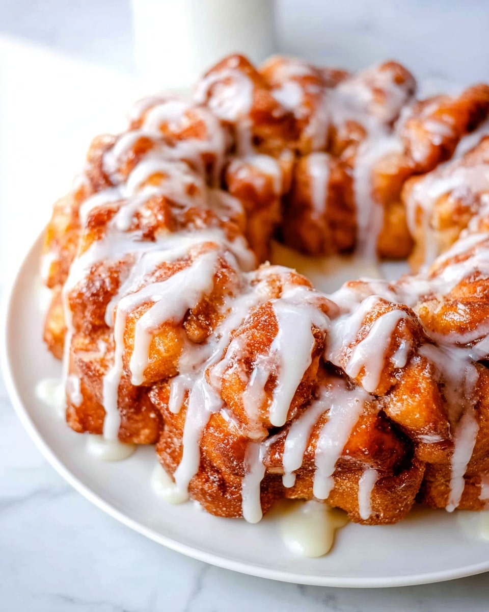 A round monkey bread with many small, soft, golden brown bread pieces stacked close together in a ring shape, all covered with white icing drizzled unevenly over the top, sitting on a white plate on a white marbled surface. The bread looks fluffy and slightly sticky, with a mix of darker and lighter golden spots from baking. Photo taken with an iphone --ar 4:5 --v 7