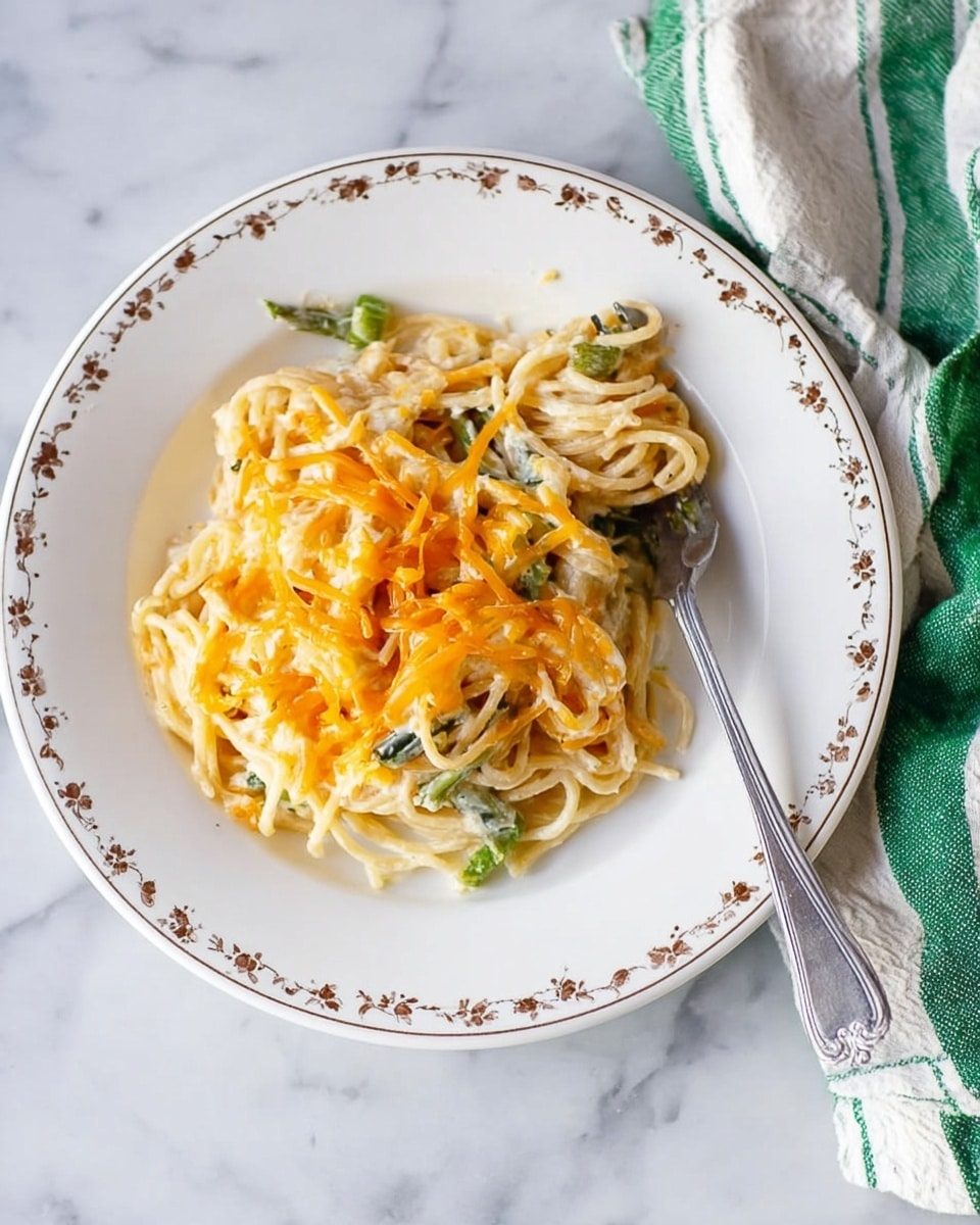 A white plate holds a serving of creamy spaghetti layered with melted cheese. The bottom layer is white spaghetti coated in a creamy sauce mixed with small pieces of green vegetables. On top, there is a layer of bright orange melted cheese that looks soft and slightly stringy. The plate rests on a white marbled surface next to a green and white striped cloth. A fork is placed on the plate, its handle pointing toward the top left corner of the image. Photo taken with an iphone --ar 4:5 --v 7