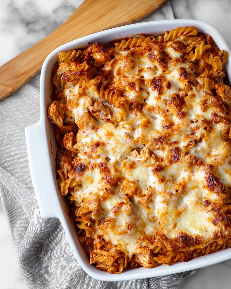 A close-up view of a baked pasta dish in a white rectangular ceramic dish, showing two main layers: the bottom layer is a mix of curly pasta and chunks of cooked chicken coated in a rich reddish-orange sauce, and the top layer is melted cheese browned in spots with a slightly bubbly texture, stretching in one spot to reveal gooey cheese underneath; at the top edge, a wooden spoon rests partially on the dish. The whole scene sits on a light gray cloth on a white marbled surface with a small white bowl of dried herbs nearby. Photo taken with an iphone --ar 4:5 --v 7