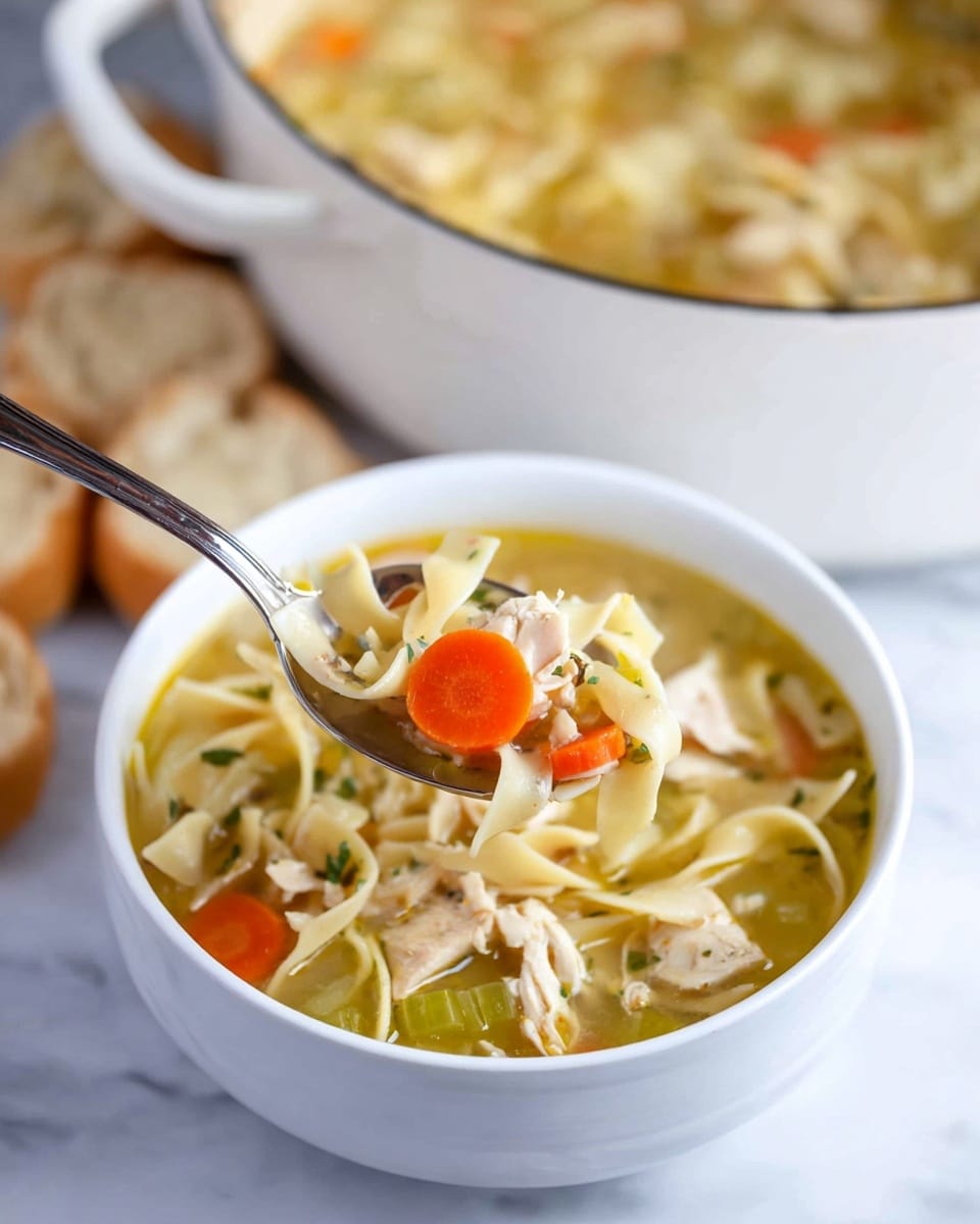 A white bowl is filled with chicken noodle soup showing four main layers: at the bottom are thin flat noodles in pale yellow, then pieces of pale cooked chicken scattered with small bits of green celery, above this are brighter orange carrot slices, and the top layer is a golden clear broth with visible fresh herbs; a metal spoon lifts a scoop of the soup with noodles, chicken, celery, and a carrot slice visible. In the background, a large white pot filled with the same soup sits on a white marbled surface with some round bread pieces next to it, and a woman's hand holding the spoon is partially visible. Photo taken with an iphone --ar 4:5 --v 7