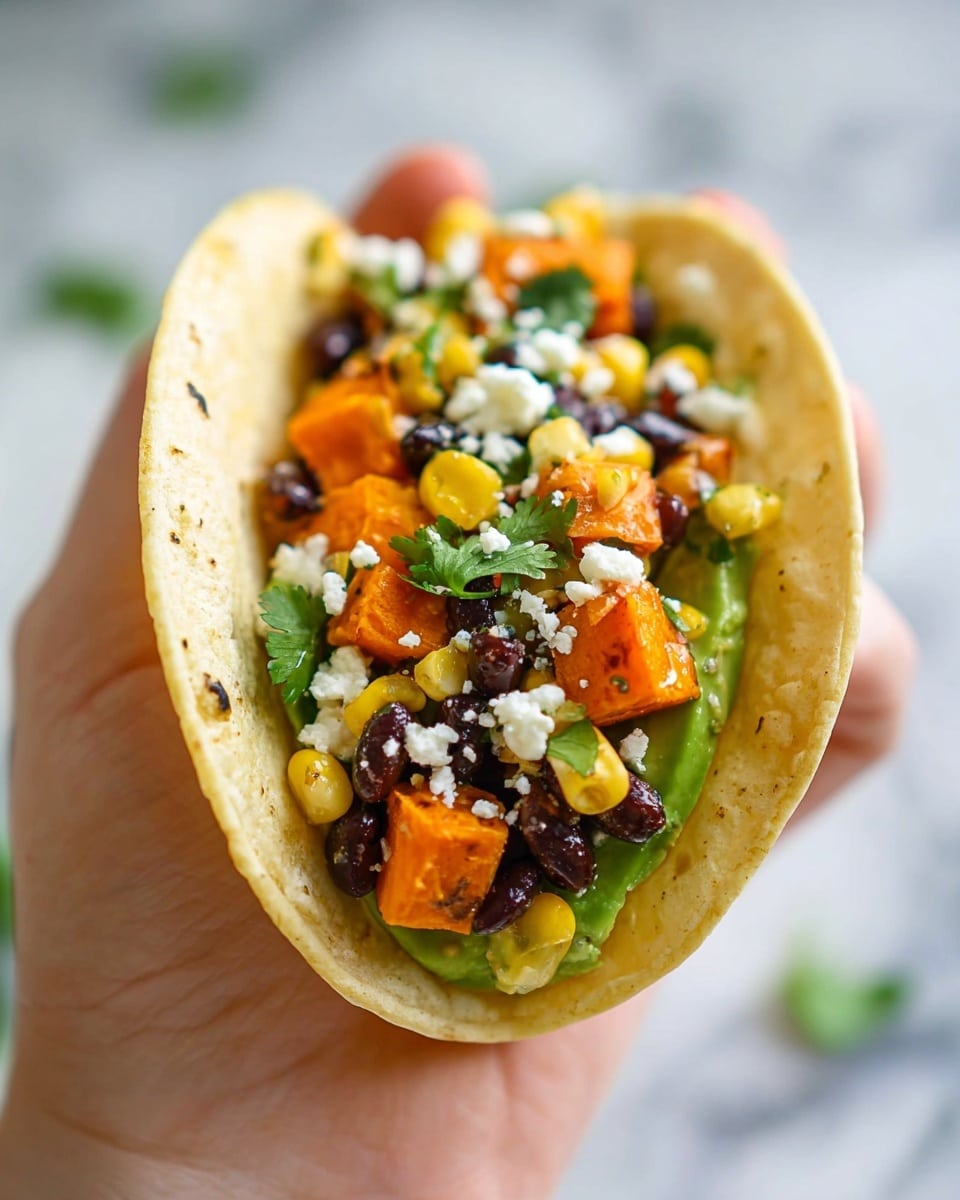 A close-up view of a soft yellow taco shell held by a woman's hand, filled with bright orange carrot cubes, dark black beans, yellow corn kernels, fresh green cilantro leaves, and a layer of white crumbly cheese on top. Inside the taco, a long slice of green avocado lies along one side. The background shows a white marbled texture with soft focus. photo taken with an iphone --ar 4:5 --v 7